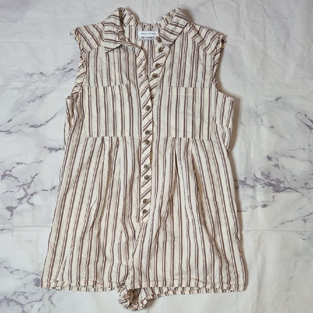 Urban Outfitters Zoey Striped Workwear Playsuit/Romper In Beige and Brown